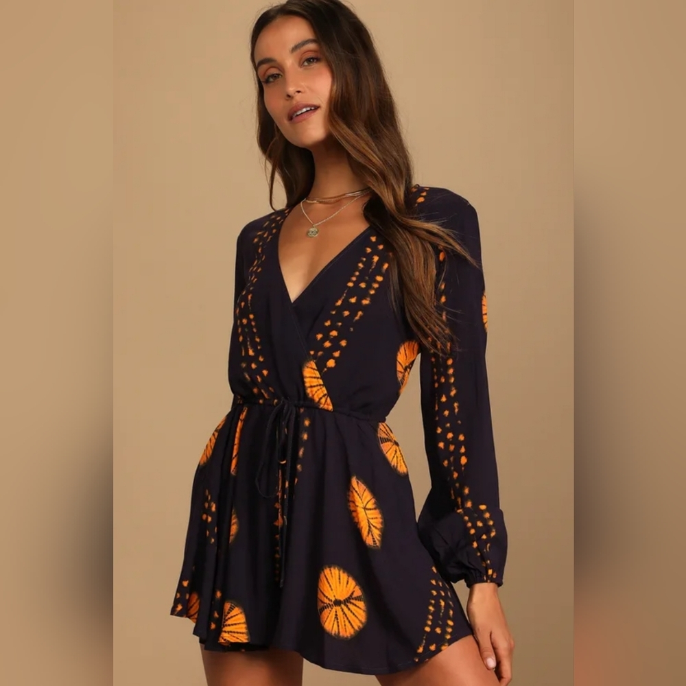 Lulu's Adventuresome Dark Purple Tie-Dye Long Sleeve Romper